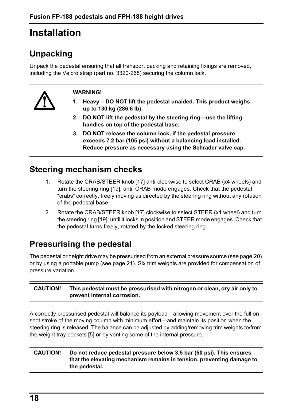 Installation, Unpacking, Steering mechanism checks | Pressurising the pedestal | Vinten Radamec Fusion FP-188 User Manual | Page 20 / 38