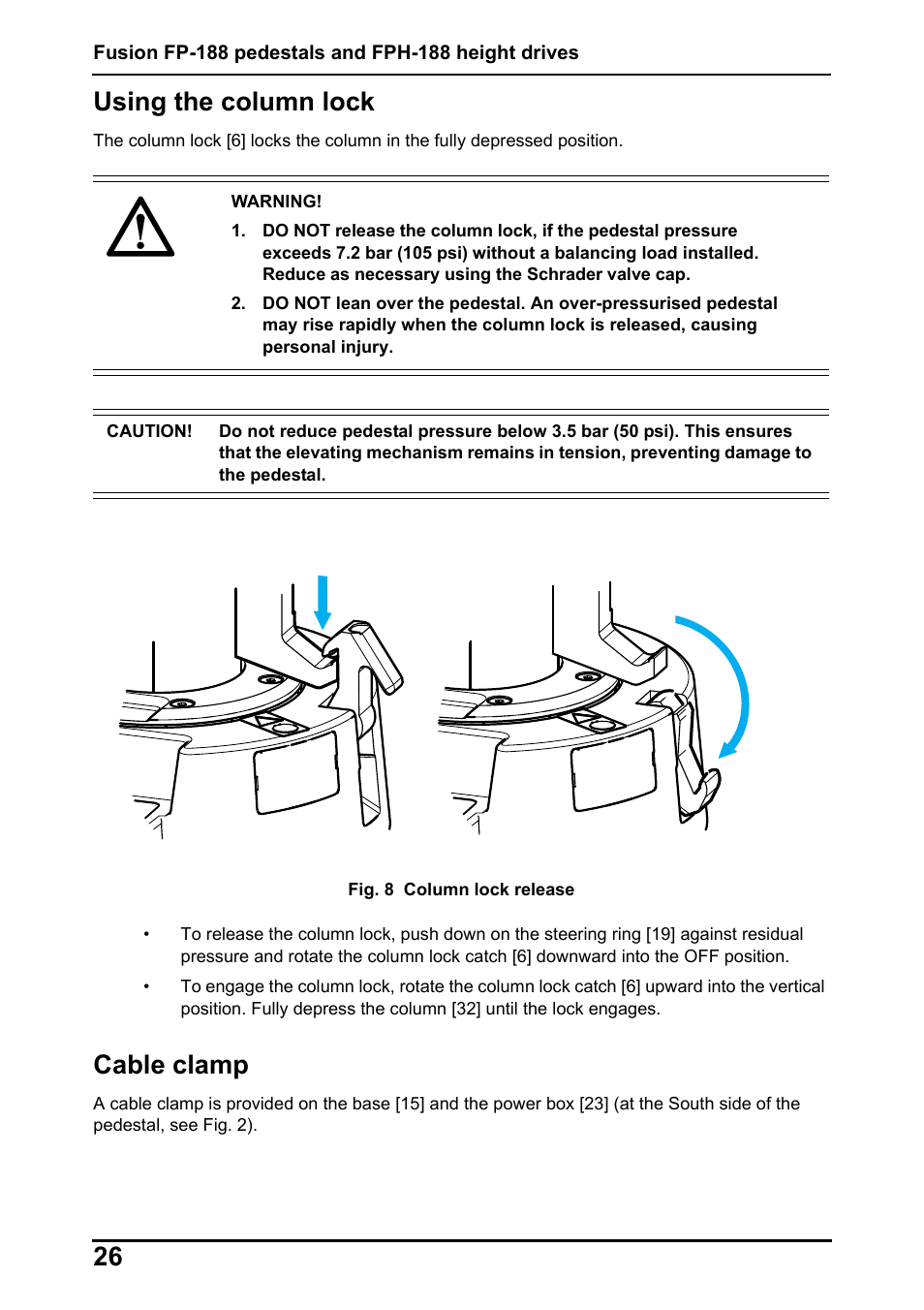 26 using the column lock, Cable clamp | Vinten Radamec Fusion FP-188 User Manual | Page 28 / 38