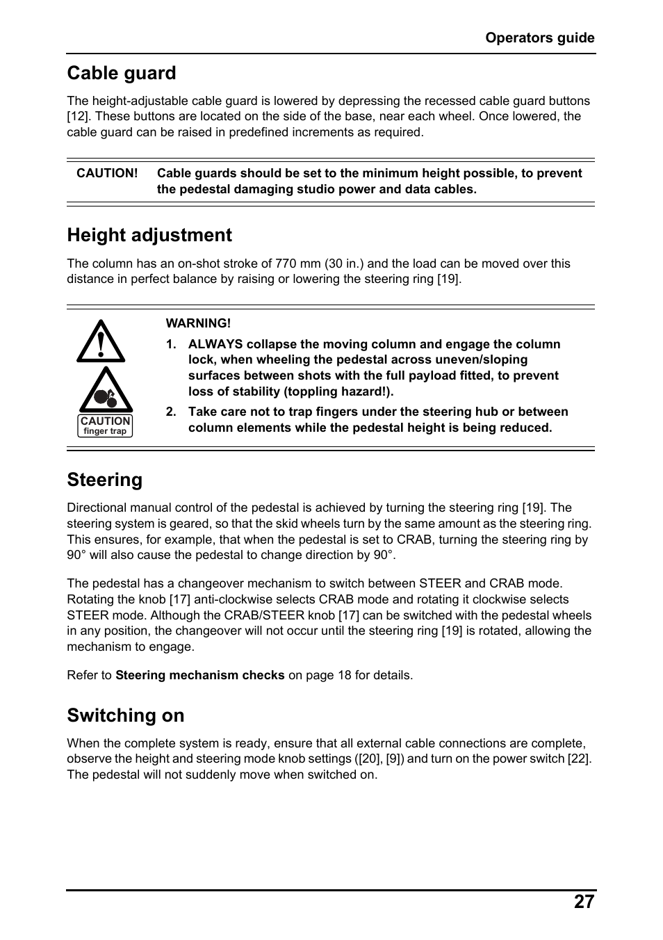 27 cable guard, Height adjustment, Steering | Switching on | Vinten Radamec Fusion FP-188 User Manual | Page 29 / 38