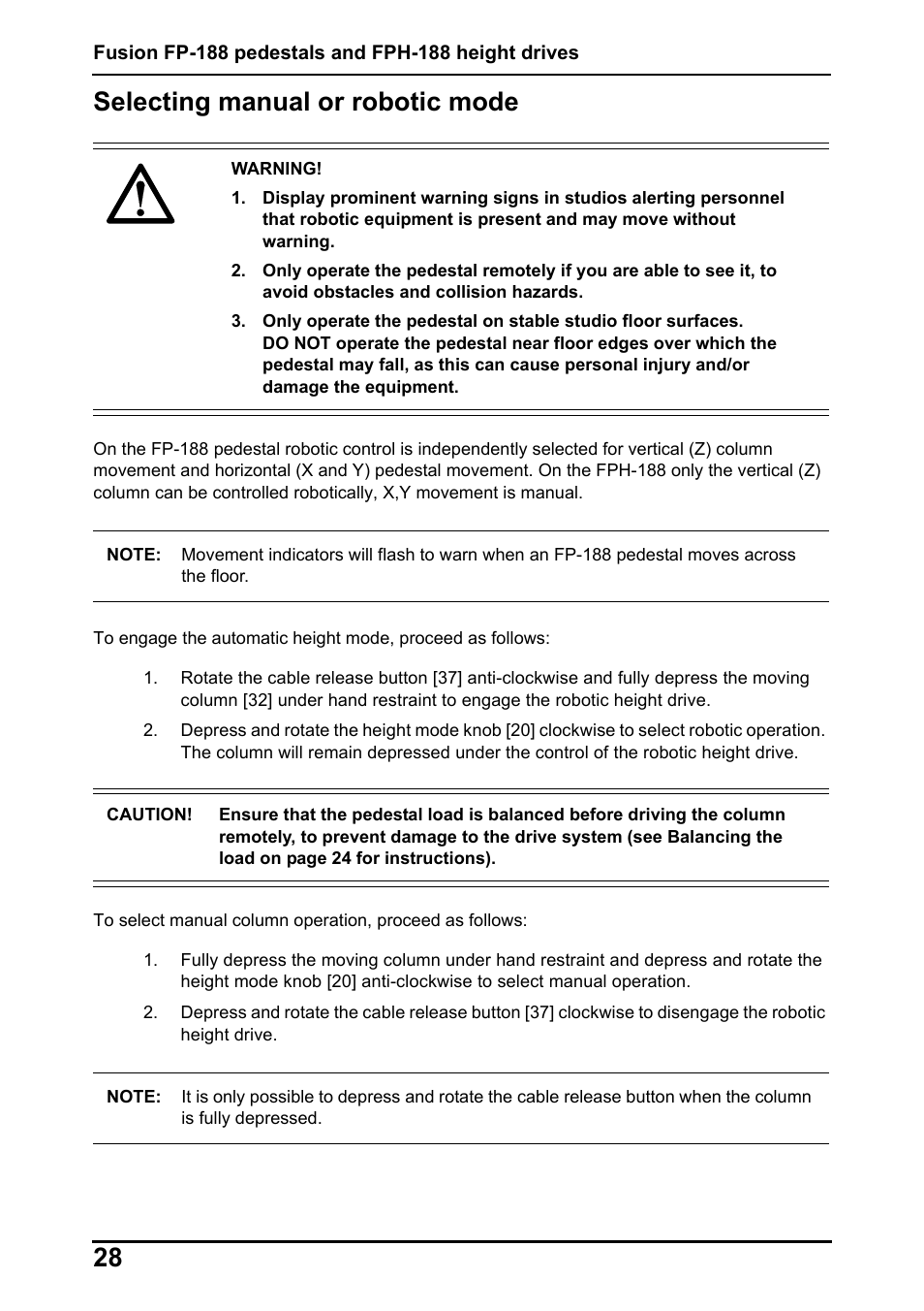 28 selecting manual or robotic mode | Vinten Radamec Fusion FP-188 User Manual | Page 30 / 38
