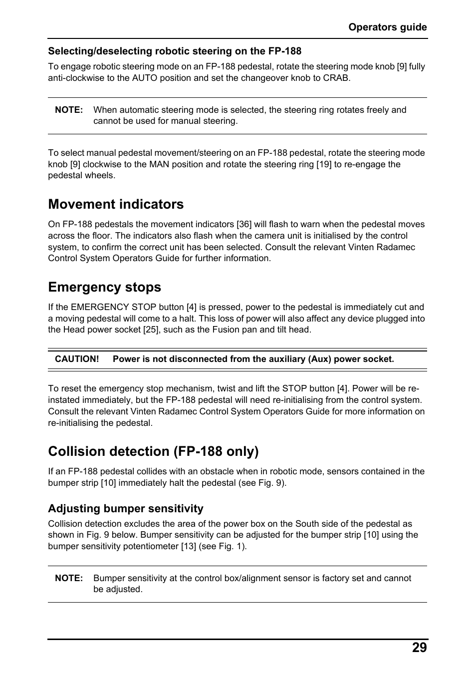 Movement indicators, Emergency stops, Collision detection (fp-188 only) | Vinten Radamec Fusion FP-188 User Manual | Page 31 / 38