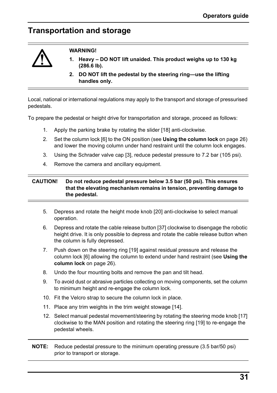31 transportation and storage | Vinten Radamec Fusion FP-188 User Manual | Page 33 / 38