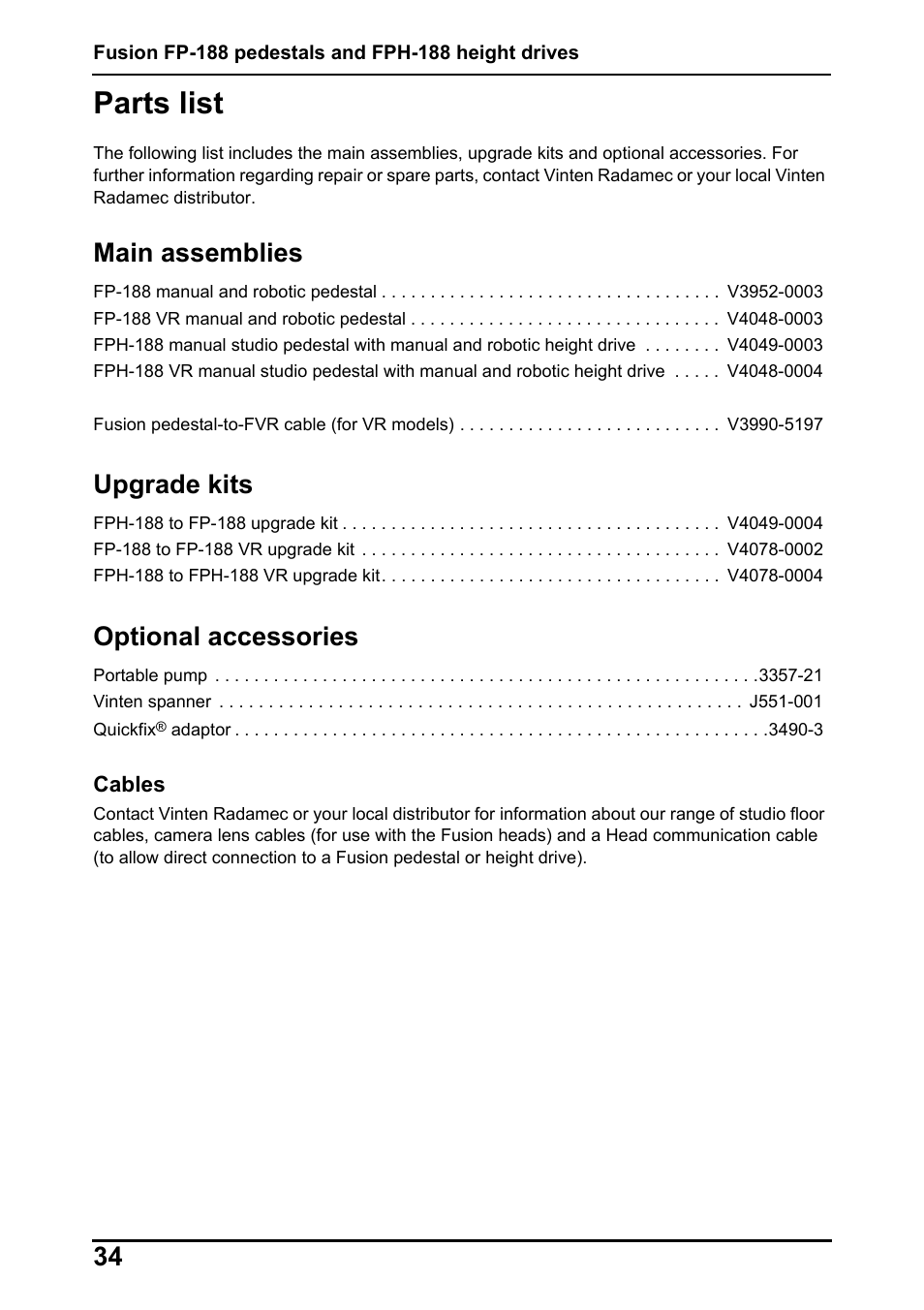 Parts list, Main assemblies, Upgrade kits | Optional accessories | Vinten Radamec Fusion FP-188 User Manual | Page 36 / 38