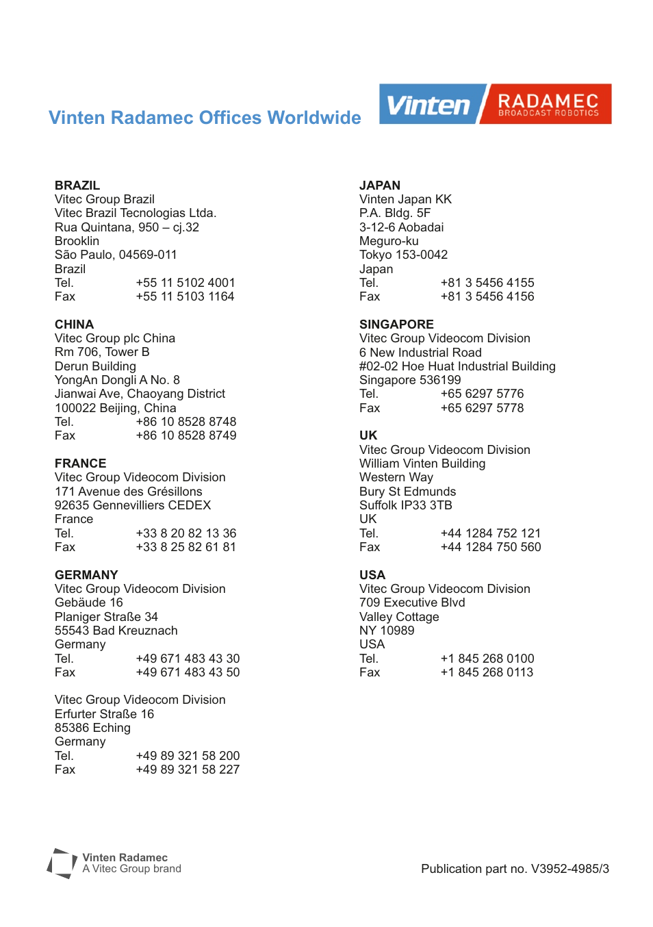 Back cover, Vinten radamec offices worldwide | Vinten Radamec Fusion FP-188 User Manual | Page 38 / 38