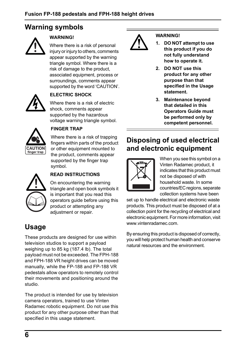 6warning symbols, Usage | Vinten Radamec Fusion FP-188 User Manual | Page 8 / 38