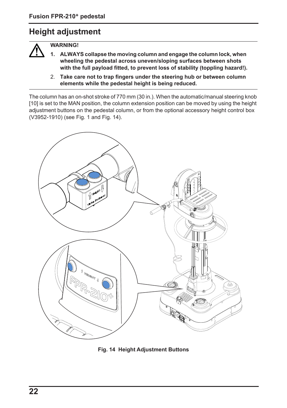 22 height adjustment | Vinten Radamec Fusion FPR-210 User Manual | Page 24 / 36