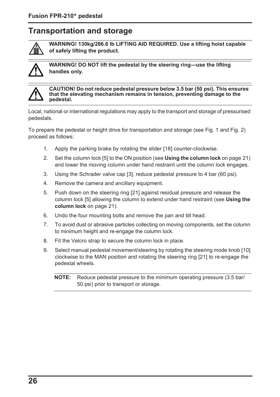 Transportation and storage, 26 transportation and storage | Vinten Radamec Fusion FPR-210 User Manual | Page 28 / 36