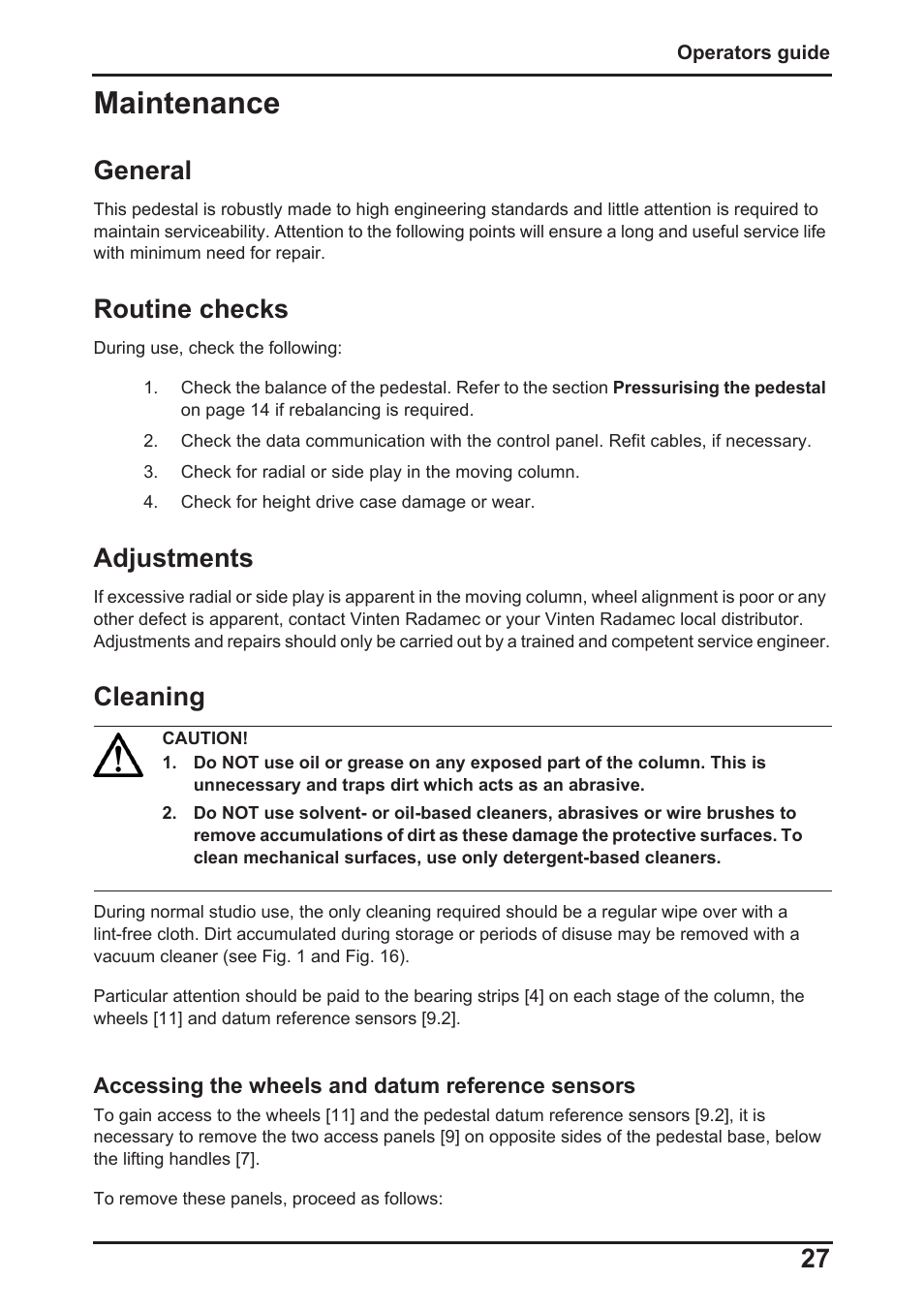 Maintenance, General routine checks adjustments cleaning, General | Routine checks, Adjustments, Cleaning | Vinten Radamec Fusion FPR-210 User Manual | Page 29 / 36