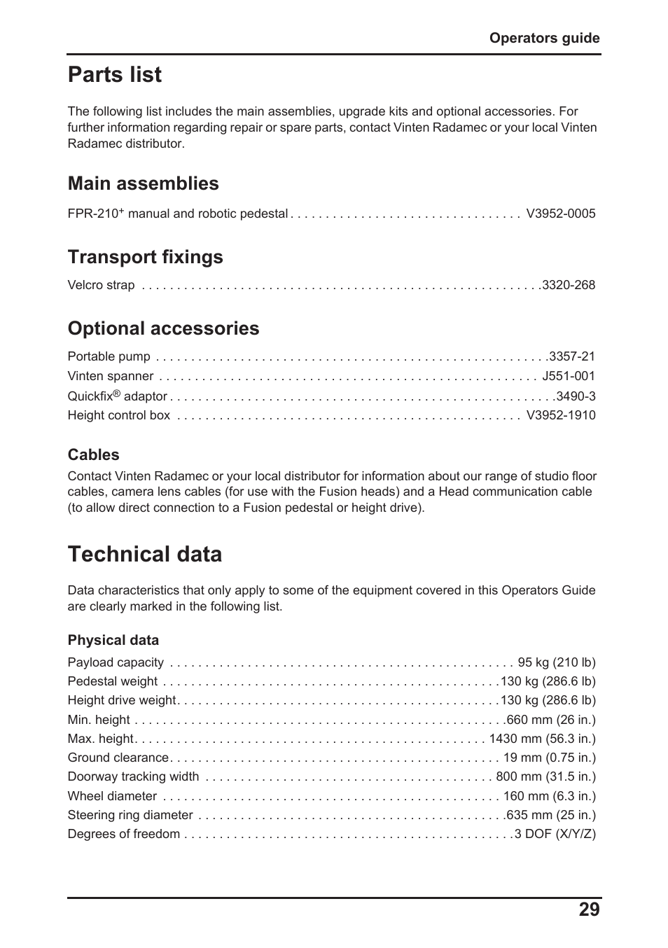 Parts list, Technical data, Main assemblies | Transport fixings, Optional accessories | Vinten Radamec Fusion FPR-210 User Manual | Page 31 / 36