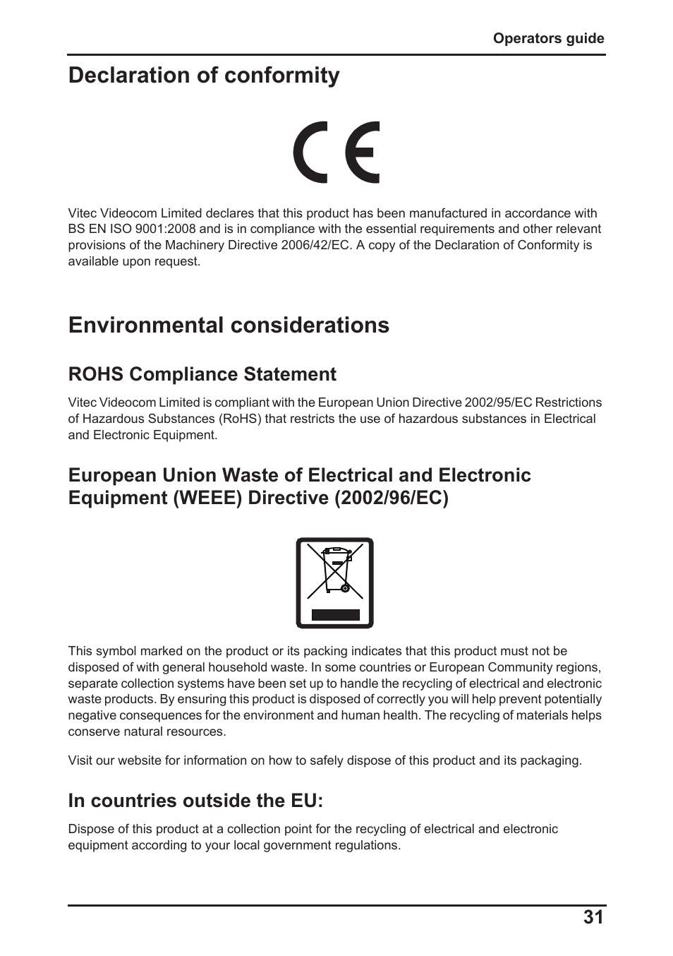 Declaration of conformity, Environmental considerations, Rohs compliance statement | Vinten Radamec Fusion FPR-210 User Manual | Page 33 / 36