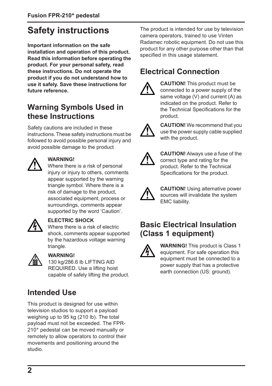 Safety instructions, Warning symbols used in these instructions, Intended use | Vinten Radamec Fusion FPR-210 User Manual | Page 4 / 36