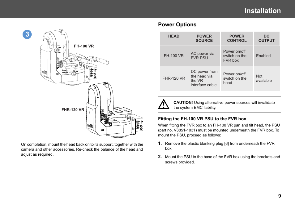 Power options, Installation | Vinten Radamec Fusion Virtual Reality box (FVR) User Manual | Page 11 / 20