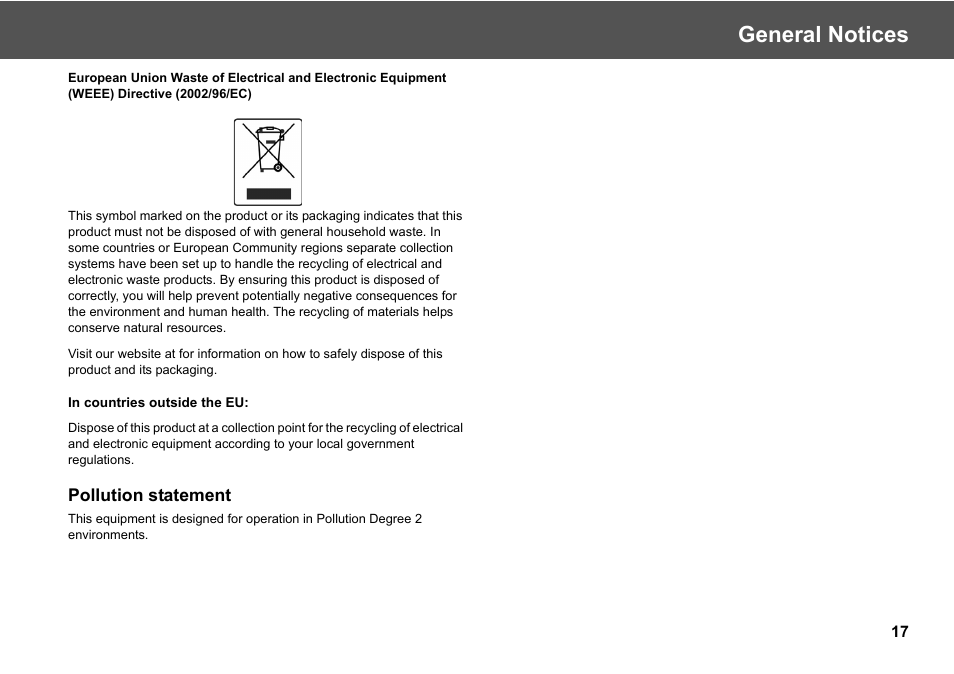 Pollution statement, General notices | Vinten Radamec Fusion Virtual Reality box (FVR) User Manual | Page 19 / 20