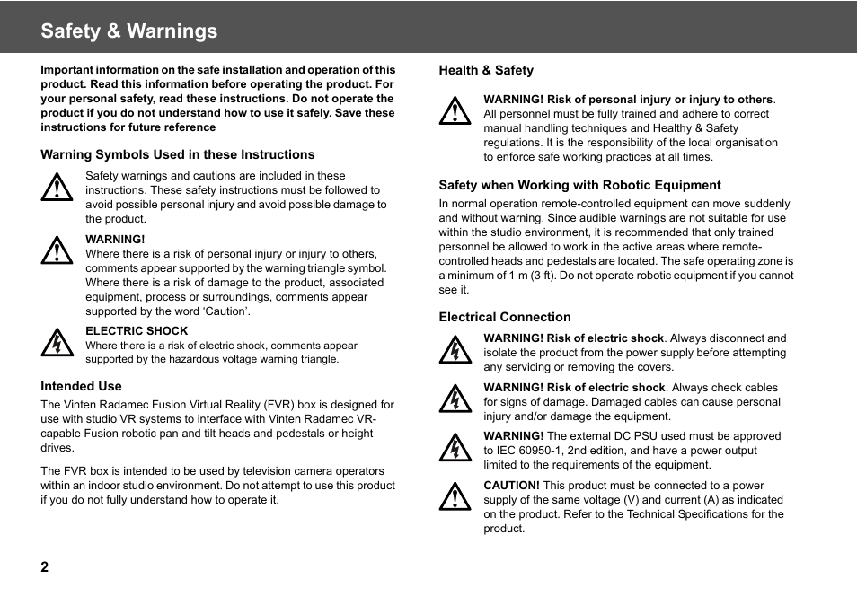 Safety & warnings | Vinten Radamec Fusion Virtual Reality box (FVR) User Manual | Page 4 / 20