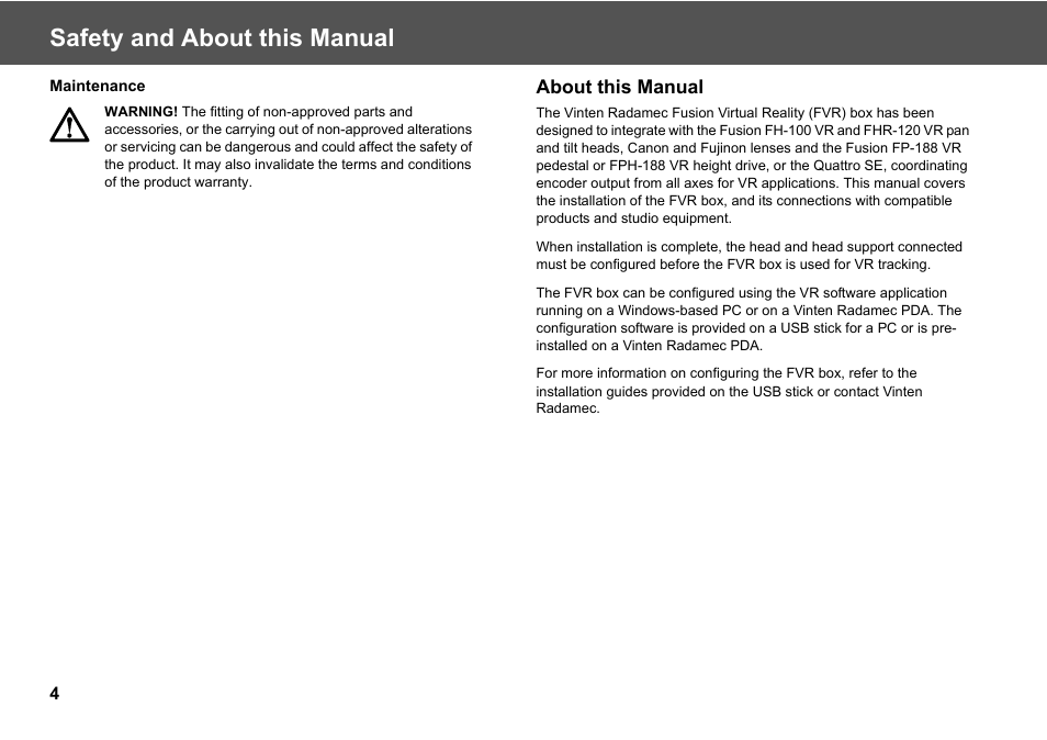 Safety and about this manual | Vinten Radamec Fusion Virtual Reality box (FVR) User Manual | Page 6 / 20
