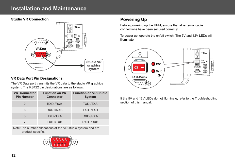 Powering up, Installation and maintenance | Vinten Radamec Head Processing Module (HPM) User Manual | Page 14 / 20