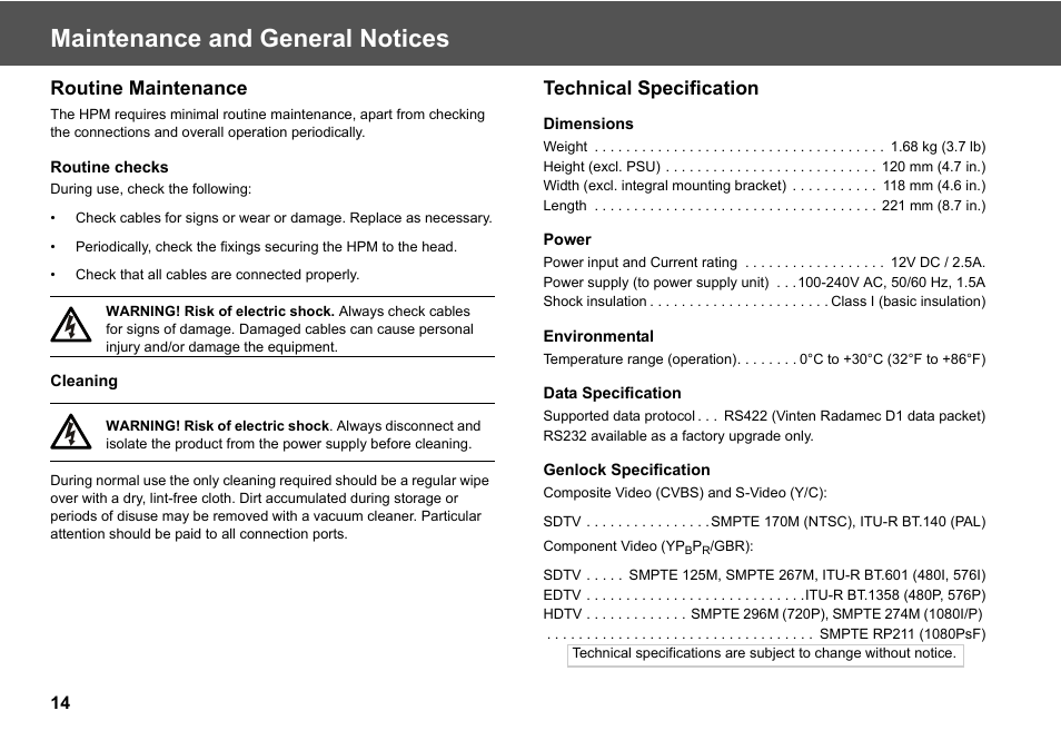 Maintenance and general notices, Routine maintenance technical specification, Routine maintenance | Technical specification | Vinten Radamec Head Processing Module (HPM) User Manual | Page 16 / 20