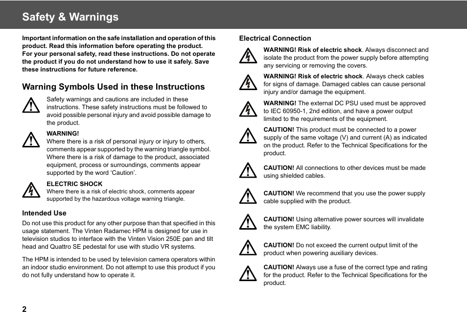 Safety & warnings, Warning symbols used in these instructions | Vinten Radamec Head Processing Module (HPM) User Manual | Page 4 / 20