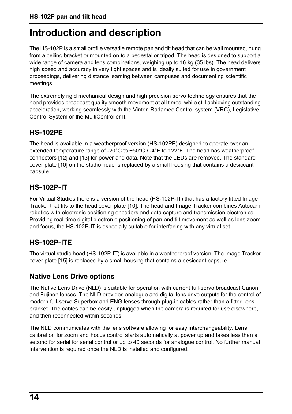 Introduction and description, Hs-102pe hs-102p-it hs-102p-ite | Vinten Radamec HS-102P Pan & Tilt Head User Manual | Page 15 / 30