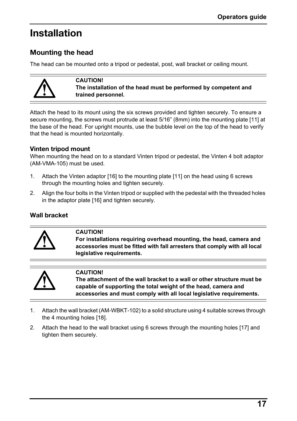 Installation, Mounting the head | Vinten Radamec HS-102P Pan & Tilt Head User Manual | Page 18 / 30