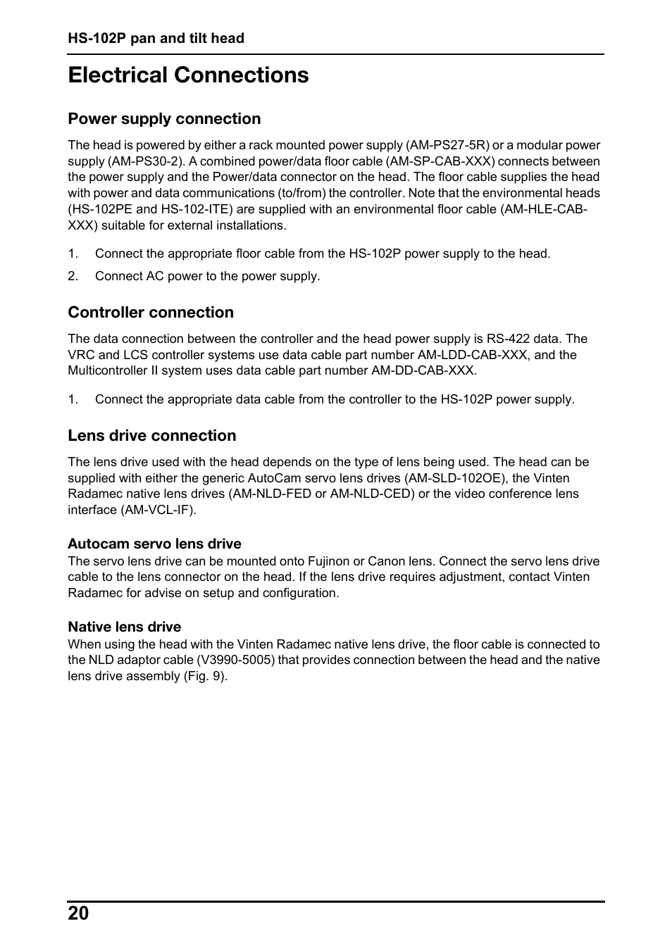 Electrical connections | Vinten Radamec HS-102P Pan & Tilt Head User Manual | Page 21 / 30
