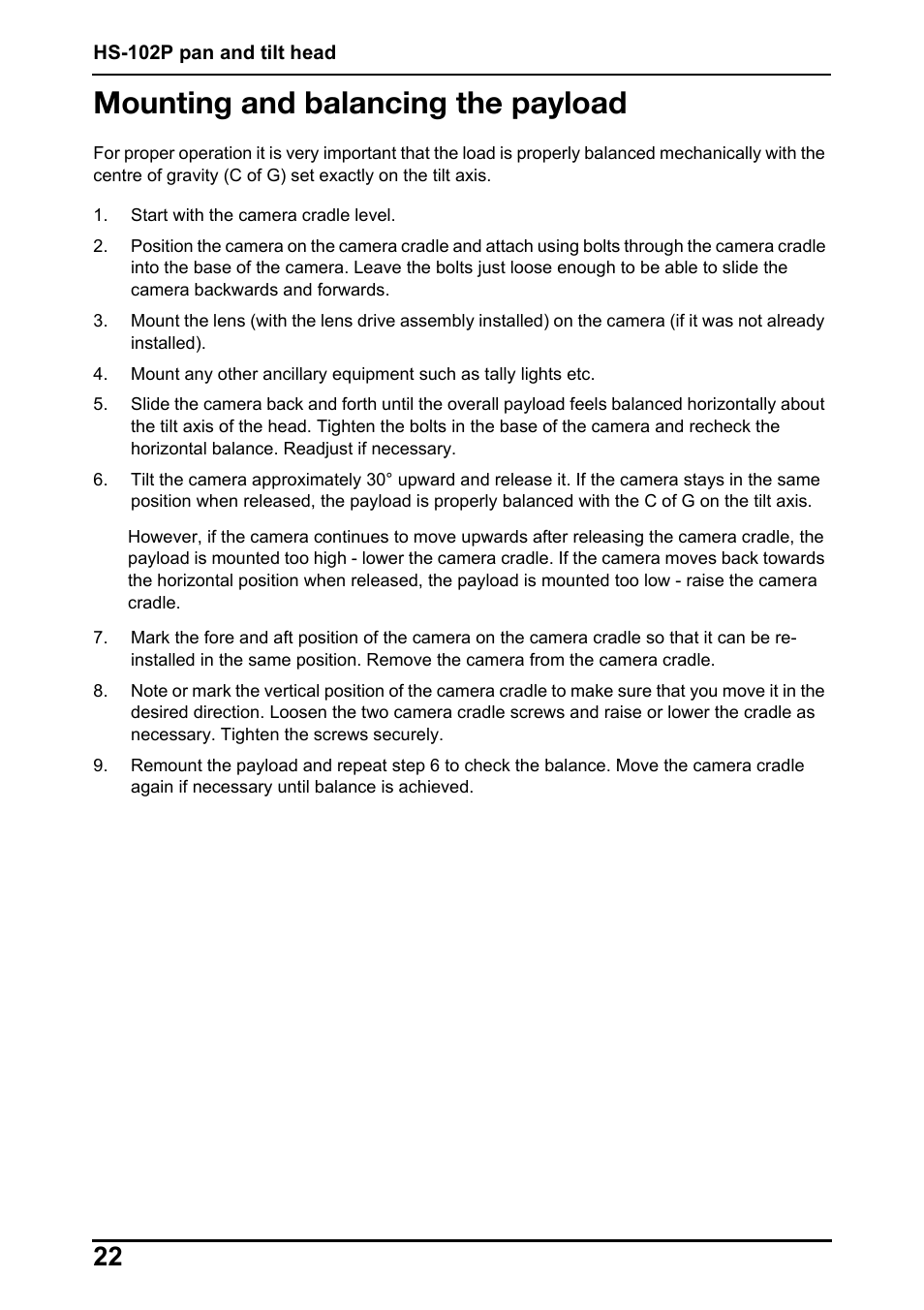 Mounting and balancing the payload | Vinten Radamec HS-102P Pan & Tilt Head User Manual | Page 23 / 30