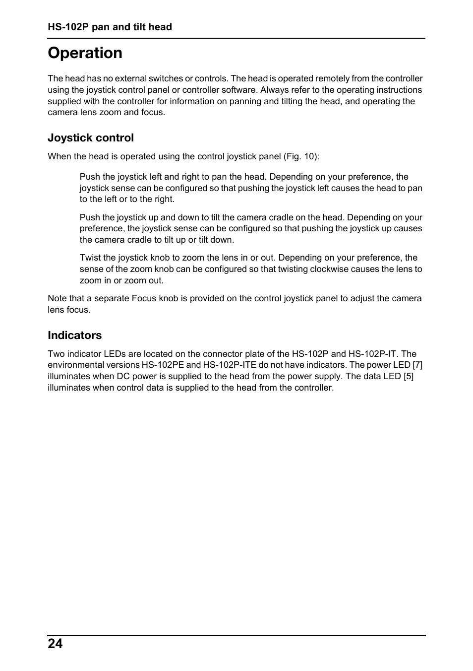 Operation, Joystick control indicators | Vinten Radamec HS-102P Pan & Tilt Head User Manual | Page 25 / 30