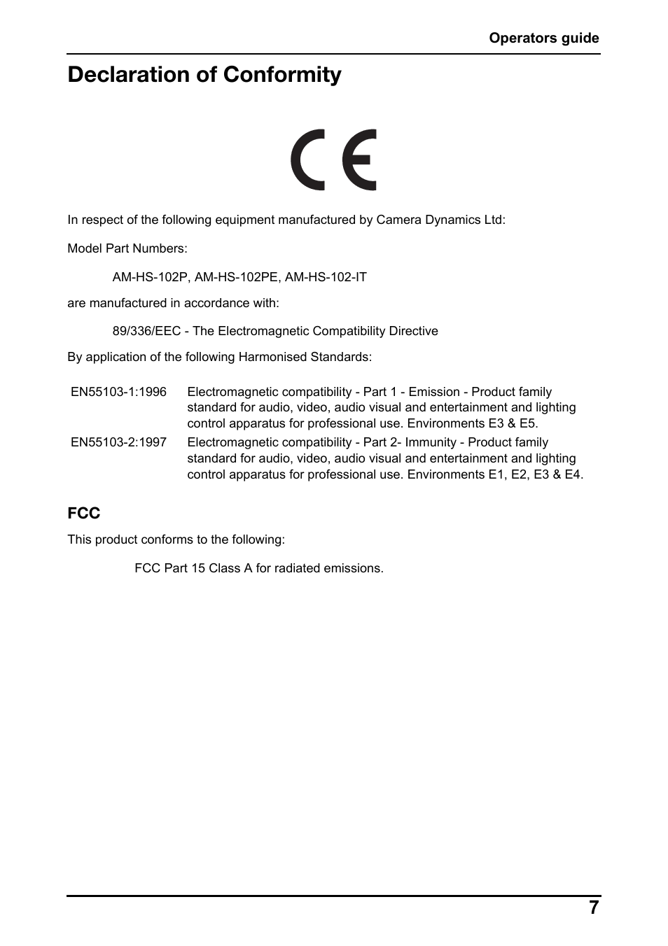 Declaration of conformity | Vinten Radamec HS-102P Pan & Tilt Head User Manual | Page 8 / 30