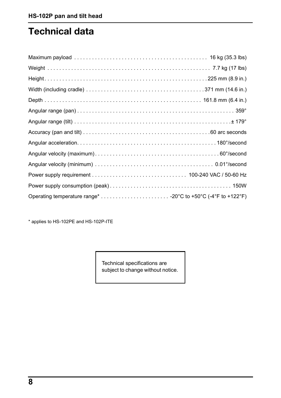 Technical data | Vinten Radamec HS-102P Pan & Tilt Head User Manual | Page 9 / 30