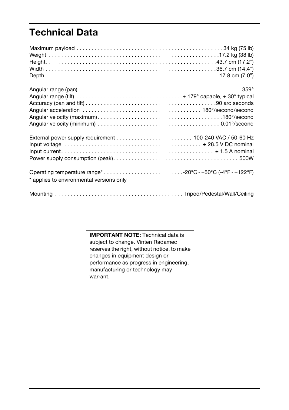 Technical data | Vinten Radamec HS-105P Pan & Tilt Head User Manual | Page 11 / 28