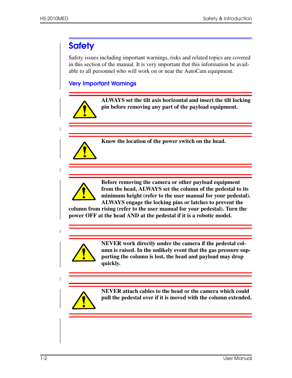 Safety, Very important warnings, Safety –2 | Very important warnings –2 | Vinten Radamec HS-2010MED Pan & Tilt Head User Manual | Page 12 / 70