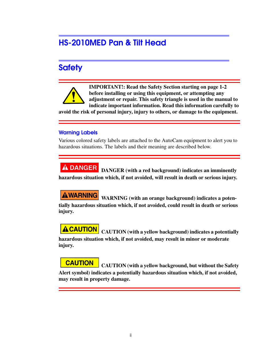 Hs-2010med pan & tilt head, Safety, Warning labels | Hs-2010med pan & tilt head safety | Vinten Radamec HS-2010MED Pan & Tilt Head User Manual | Page 2 / 70