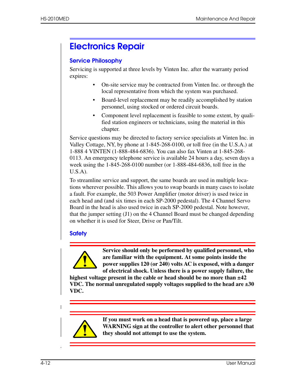 Electronics repair, Service philosophy, Safety | Service philosophy –12 safety –12 | Vinten Radamec HS-2010MED Pan & Tilt Head User Manual | Page 62 / 70