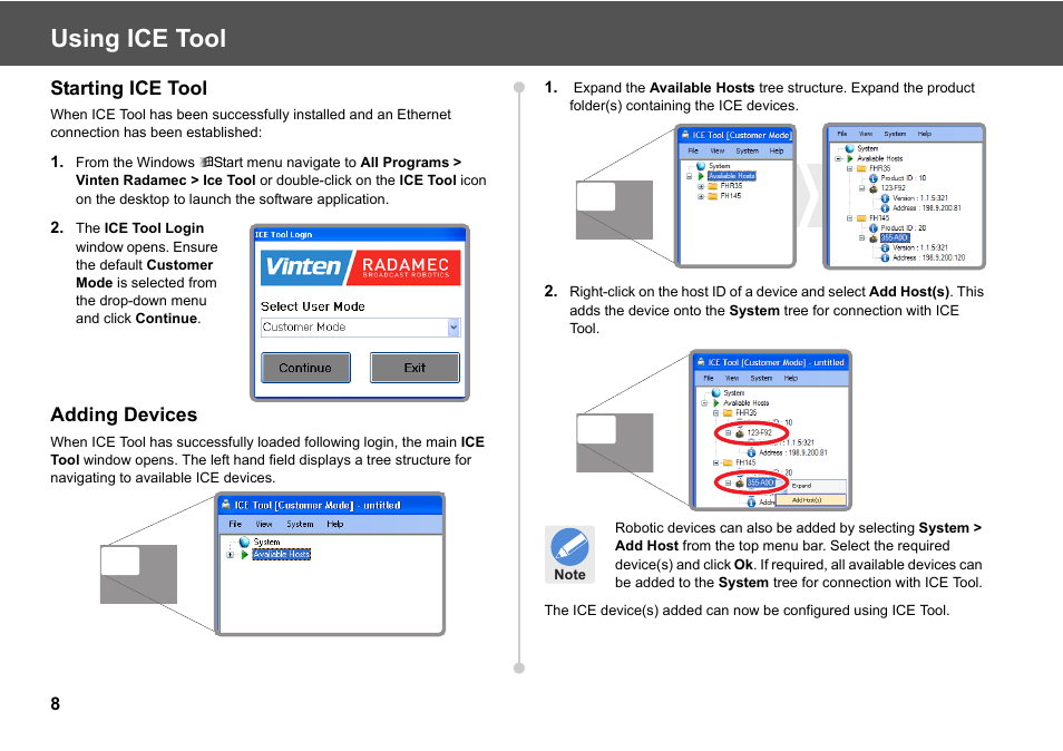 Using ice tool, Starting ice tool adding devices | Vinten Radamec ICE Tool User Manual | Page 10 / 24