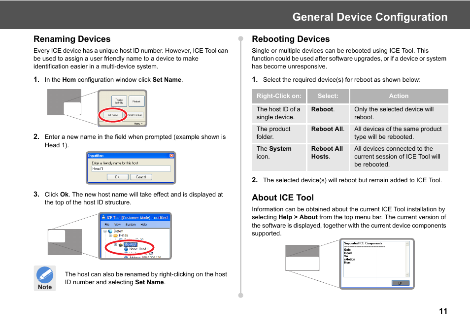 Renaming devices rebooting devices about ice tool, General device configuration, Renaming devices | Rebooting devices, About ice tool | Vinten Radamec ICE Tool User Manual | Page 13 / 24