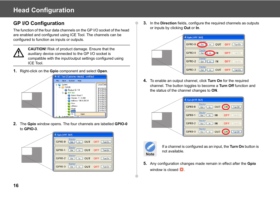 Gp i/o configuration, Head configuration | Vinten Radamec ICE Tool User Manual | Page 18 / 24