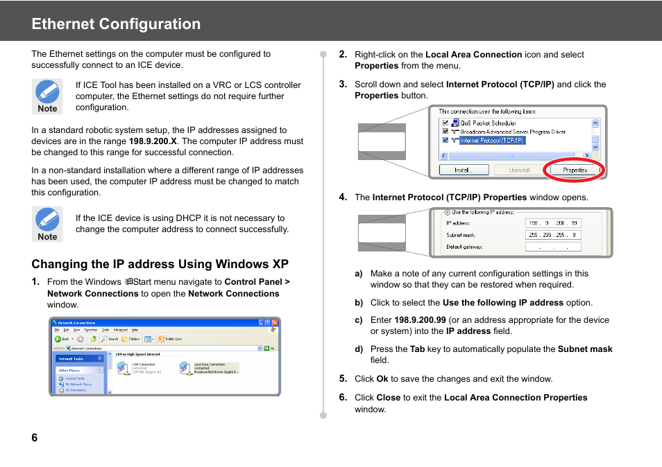 Ethernet configuration, Changing the ip address using windows xp | Vinten Radamec ICE Tool User Manual | Page 8 / 24