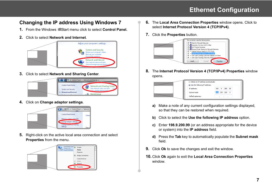 Ethernet configuration, Changing the ip address using windows 7 | Vinten Radamec ICE Tool User Manual | Page 9 / 24