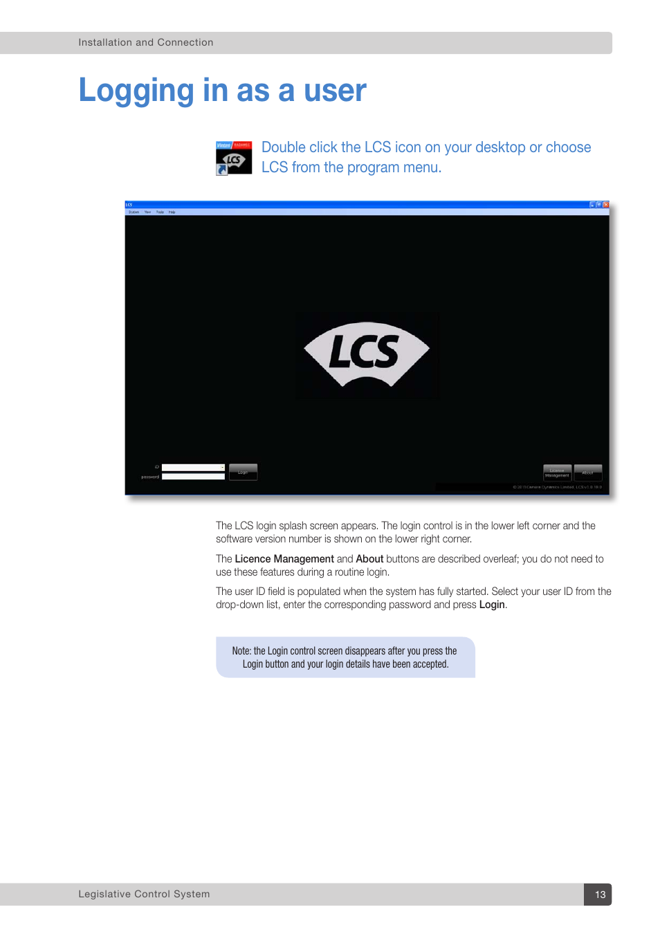 Logging in as a user | Vinten Radamec Legislative Control System User Manual | Page 15 / 34