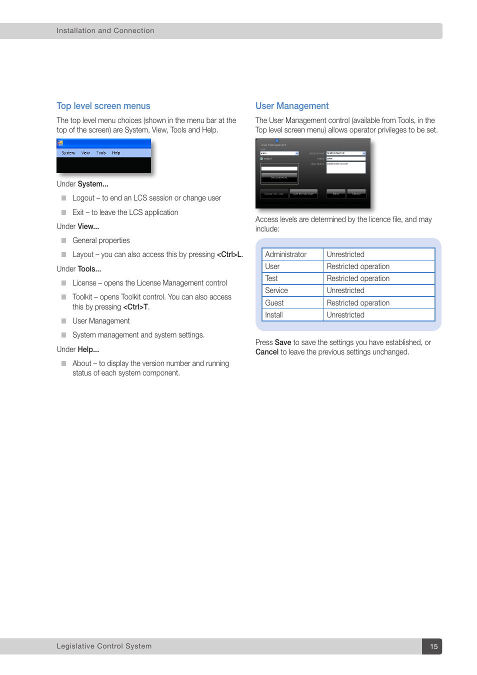 Top level screen menus, User management | Vinten Radamec Legislative Control System User Manual | Page 17 / 34