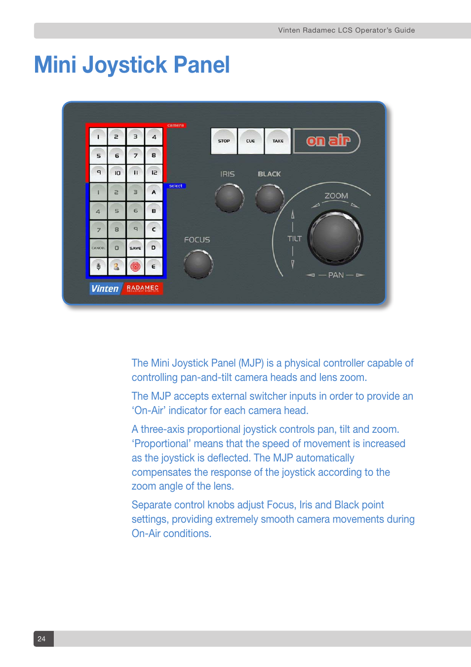 Mini joystick panel | Vinten Radamec Legislative Control System User Manual | Page 26 / 34