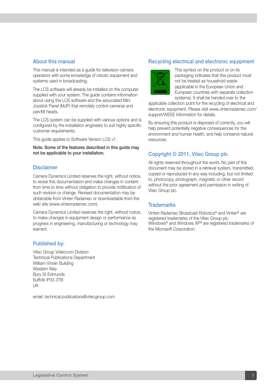 About this manual, Disclaimer, Published by | Recycling electrical and electronic equipment, Copyright © 2011, vitec group plc, Trademarks | Vinten Radamec Legislative Control System User Manual | Page 3 / 34