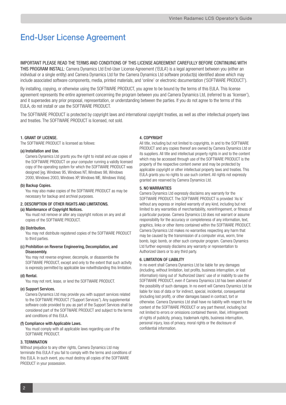 End-user license agreement | Vinten Radamec Legislative Control System User Manual | Page 4 / 34