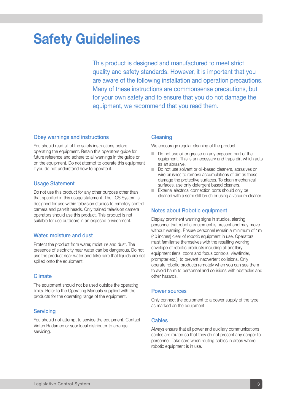 Safety guidelines | Vinten Radamec Legislative Control System User Manual | Page 5 / 34