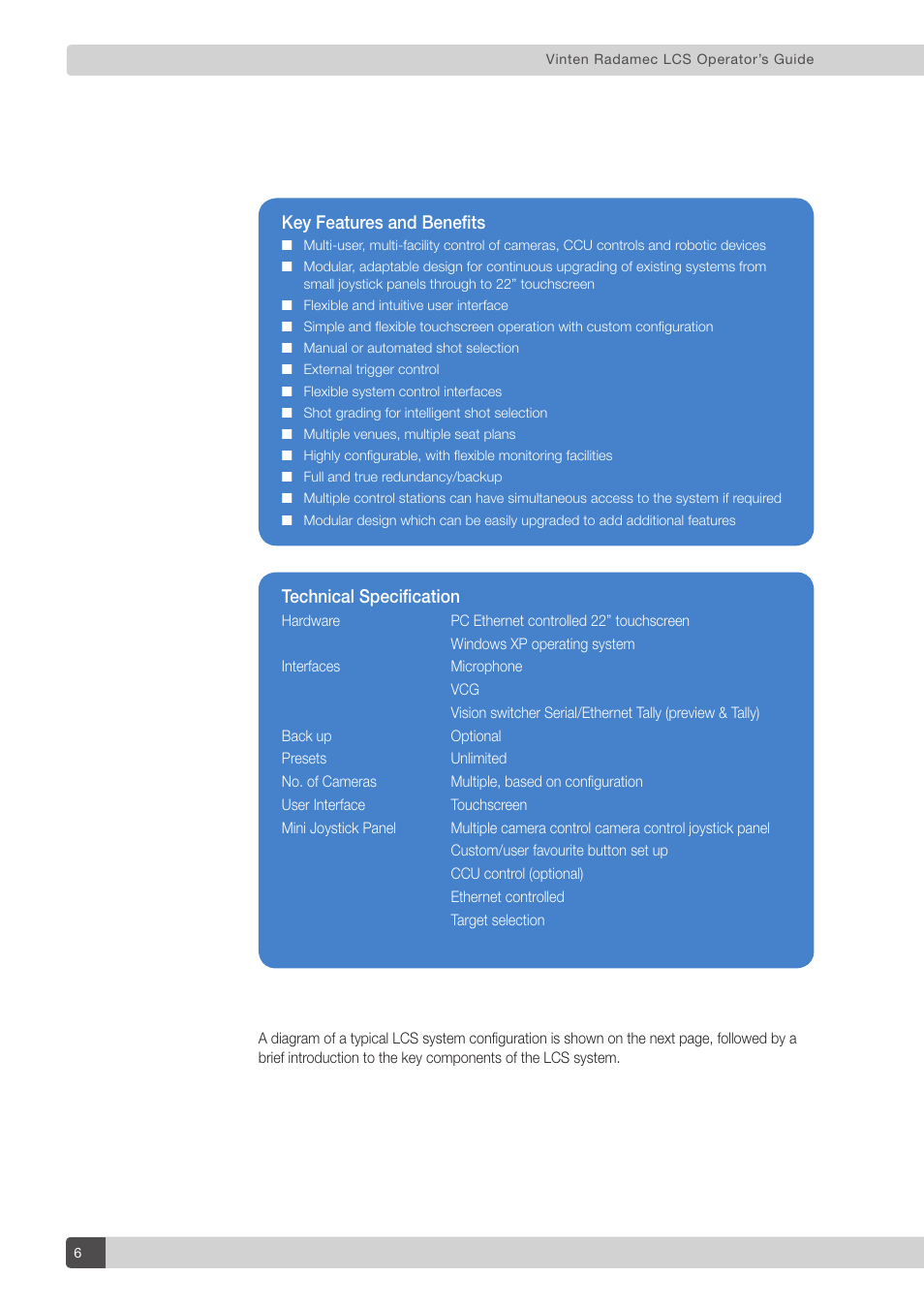 Technical specification, Key features and benefits | Vinten Radamec Legislative Control System User Manual | Page 8 / 34