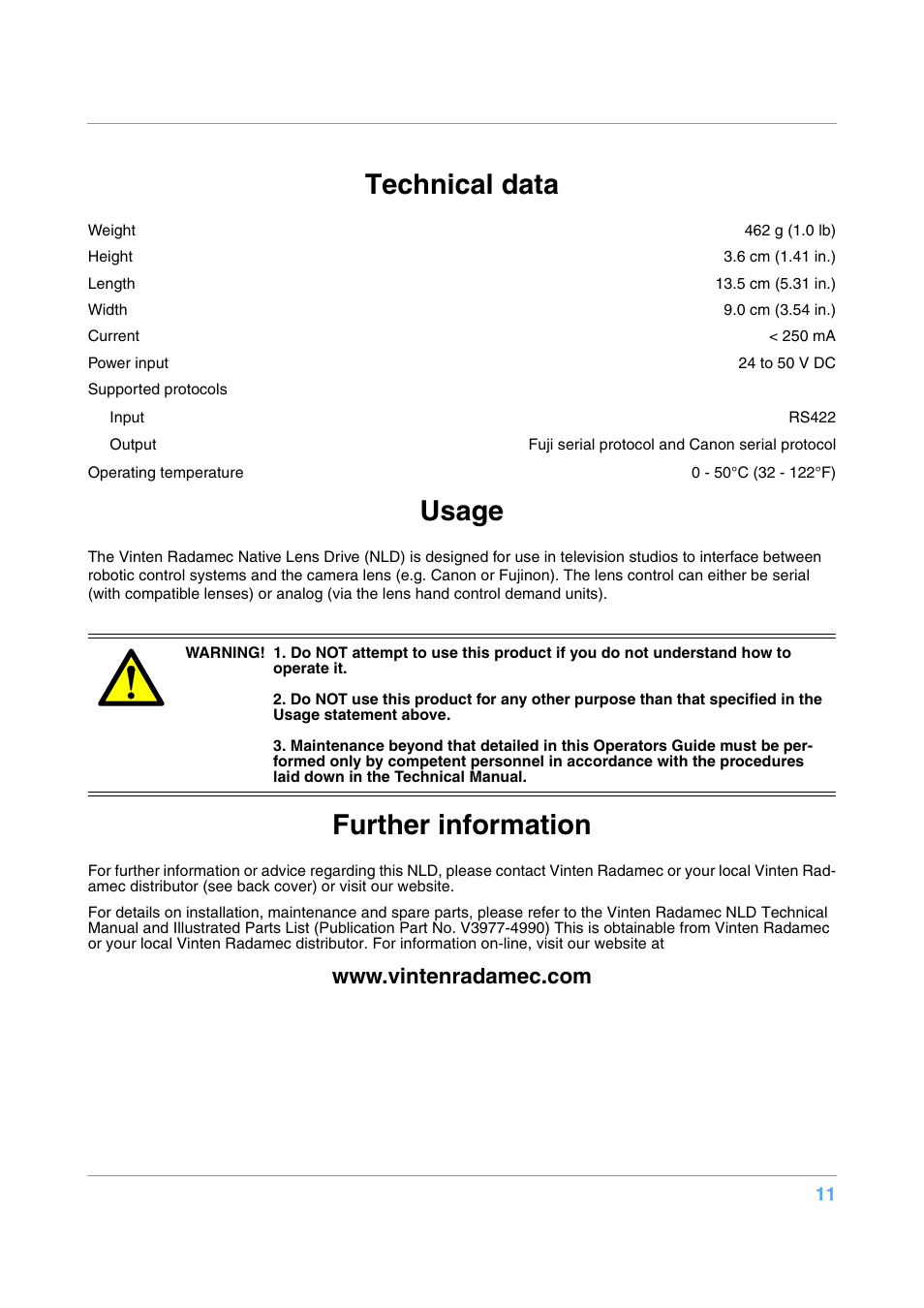 Technical data, Usage, Further information | Vinten Radamec Native Lens Drive (NLD) User Manual | Page 11 / 19