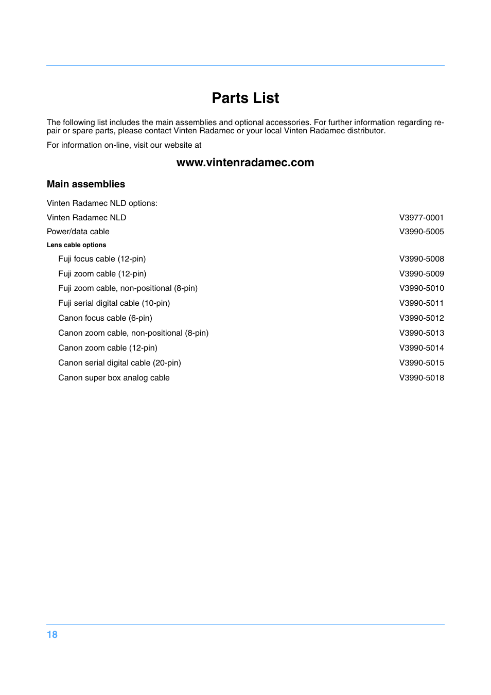 Parts list | Vinten Radamec Native Lens Drive (NLD) User Manual | Page 18 / 19
