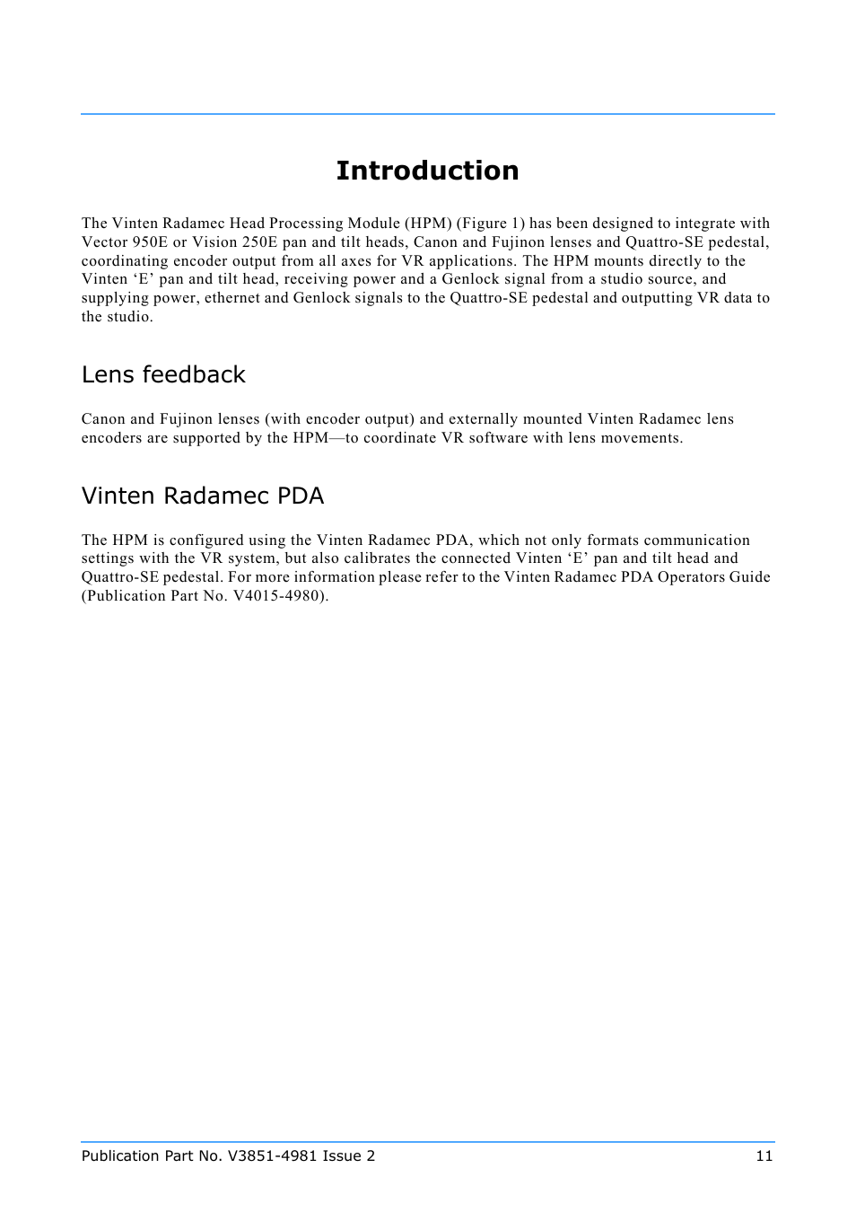 Introduction, Lens feedback, Vinten radamec pda | Vinten Radamec Quattro SE HPM User Manual | Page 13 / 23