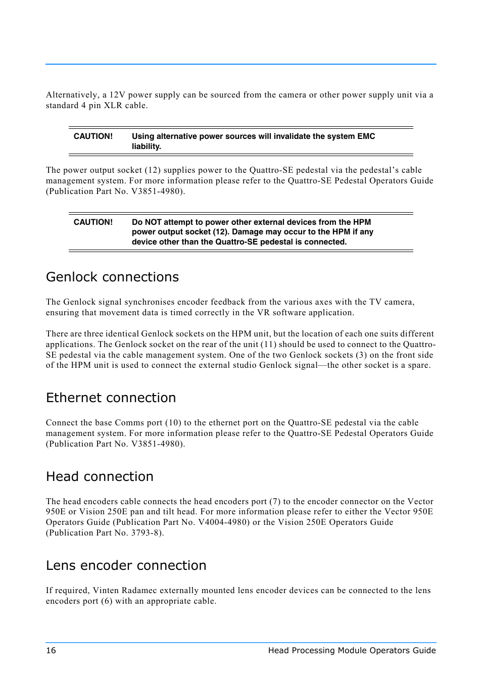 Genlock connections, Ethernet connection, Head connection | Lens encoder connection | Vinten Radamec Quattro SE HPM User Manual | Page 18 / 23
