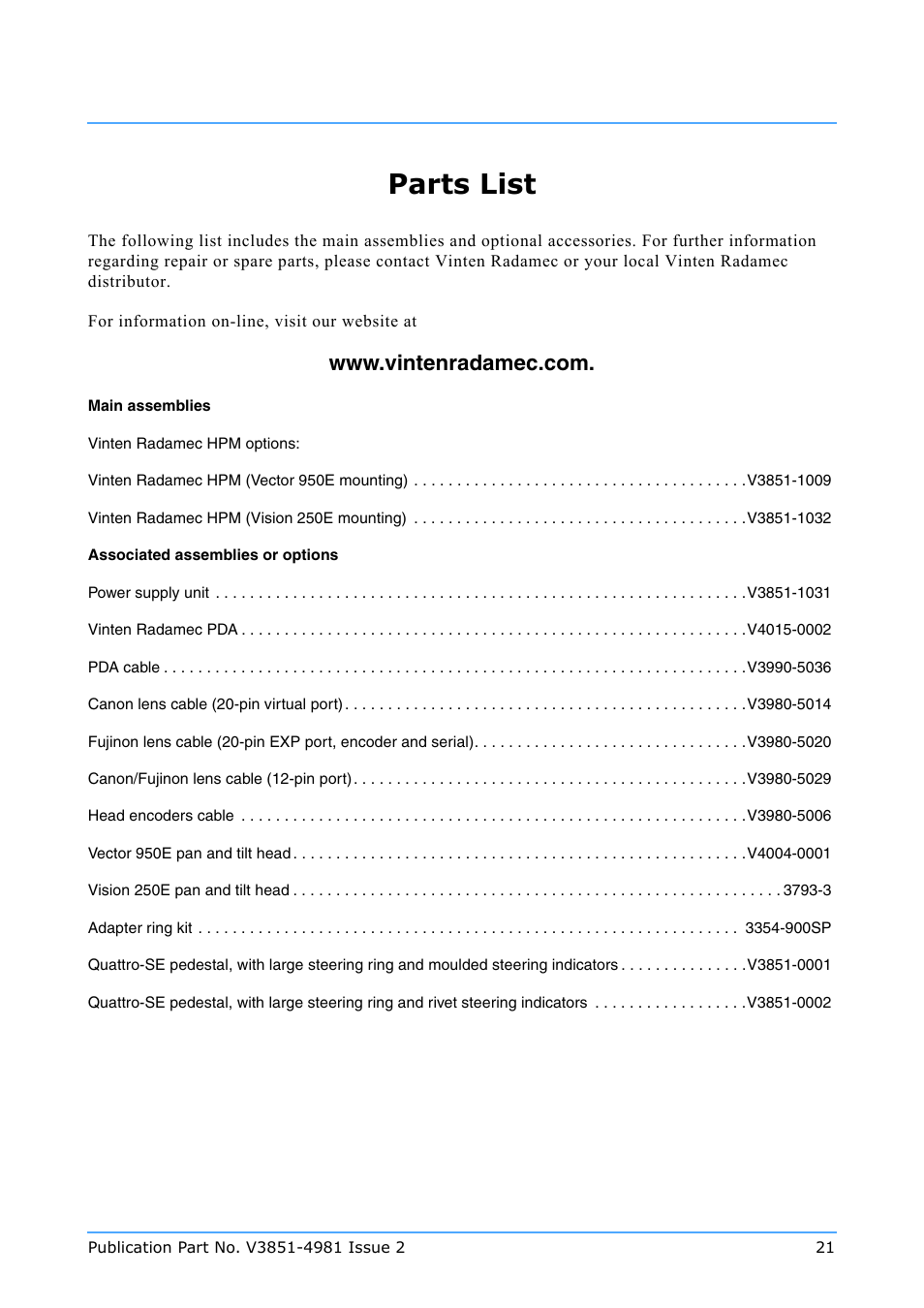 Parts list | Vinten Radamec Quattro SE HPM User Manual | Page 23 / 23